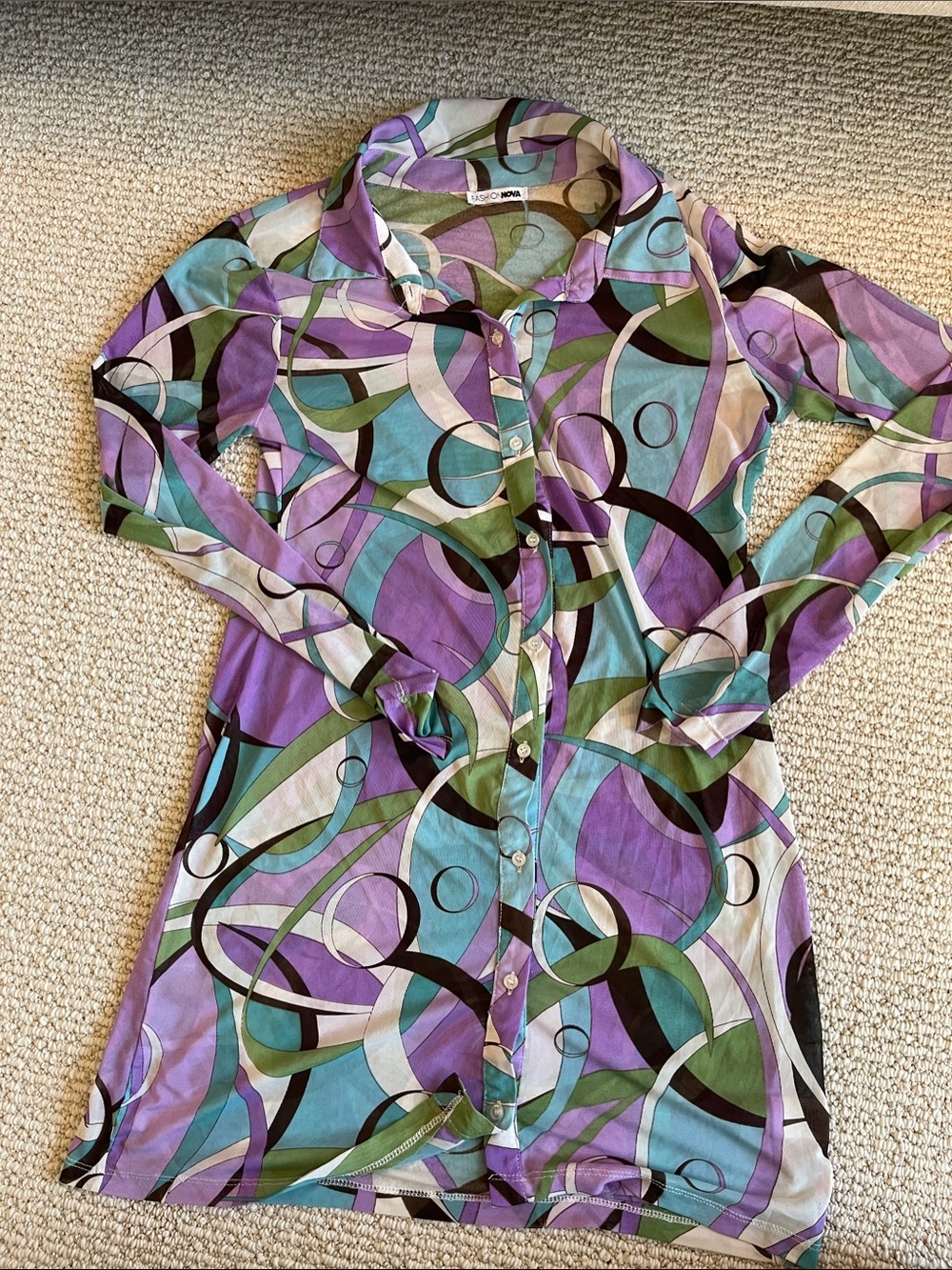 Fashion Nova Purple, Teal & Green Swirl Button-Up
